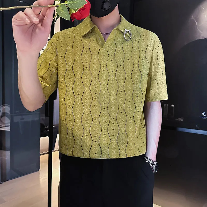 High Quality Striped Polo Shirt Men Hollow Comfortable Polo Neck T-shirt Summer Short Sleeve Casual Social Streetwear Polo Shirt 240629