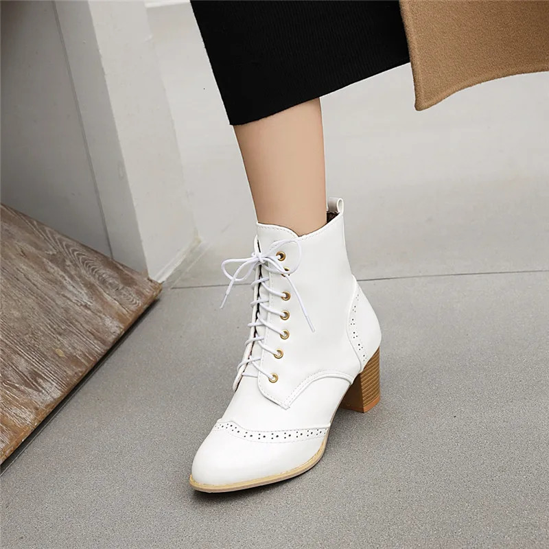 YMECHIC Fashion Brogue Carved Brown Balck White Lace Up High Heel Combat Biker Ankle Boots for Women Booties Woman Shoes 43 240629