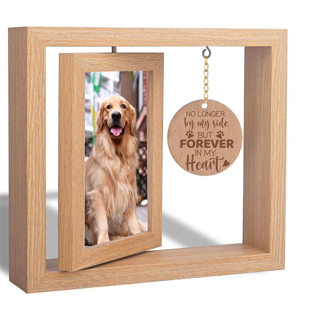 Pet Memorial Wooden Photo Frame Rotatable Double-sided No Longer by Side But Forever in My Heart 4x6-Inch Desktop Dog Cat Pic H260306