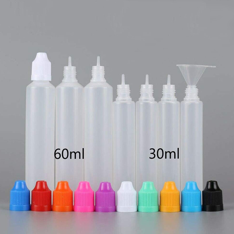 30Pcs 30ml 60ml Plastic Squeezable Pen Dropper Bottle E juice Childproof Cap Long Thin Tip w/ Funnels Eye Liquid LDPE Containers