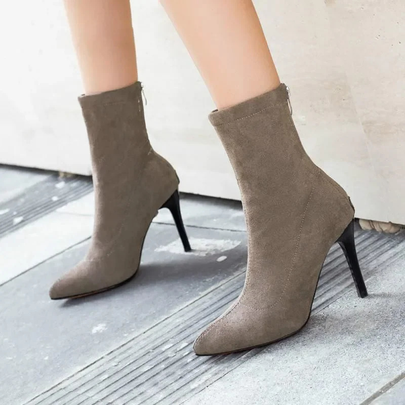 Mid-barrel Boots Elastic Boots Pointed Toe Thin Heels For Women Mujer Black Ankle Stretch Fabric Winter High Heel Boots Rome 240629