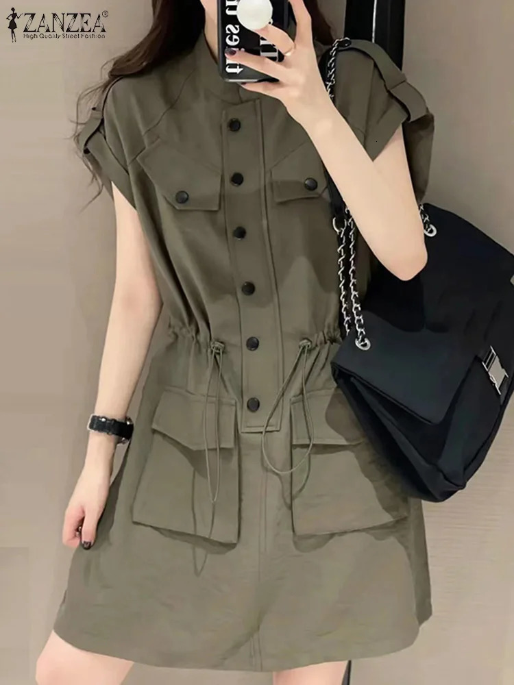 ZANZEA Women Korean Fashion Cargo Vestidos Short Sleeve Casual Button Up Drawstring Waist Mini Dress Work Wear Short Sundress 240629
