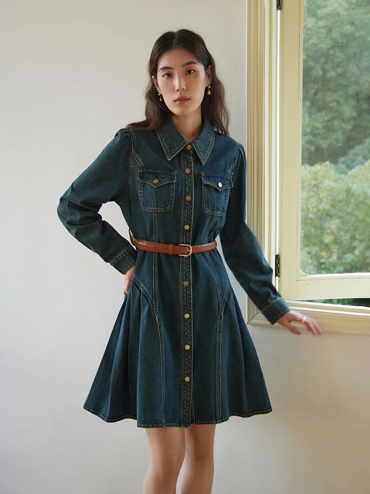 DUSHU Straightforward Fashionable Retro Denim Dress for Women Versatile A-line Pleated Skirt for Spring Female Dress 24DS81090 240629