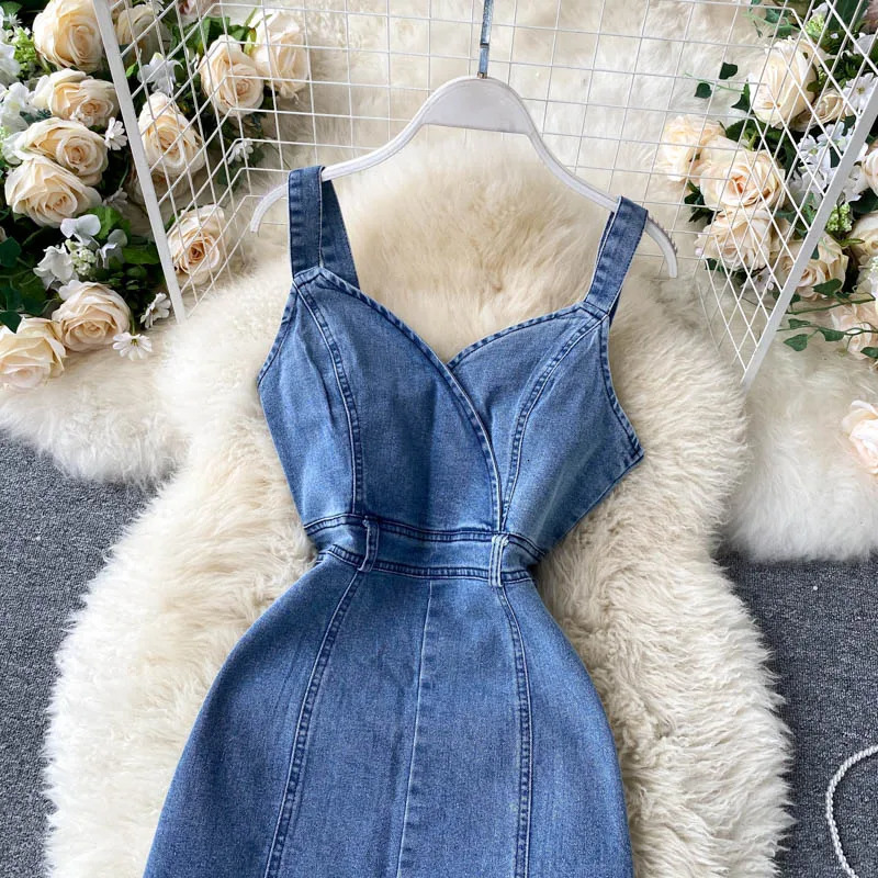 Summer Women Denim Dresses Sleeveless V-Neck Strap Jean Slim Fit Slit Long Dress S-5XL Plus Size Elegant Female Party Frock 240629