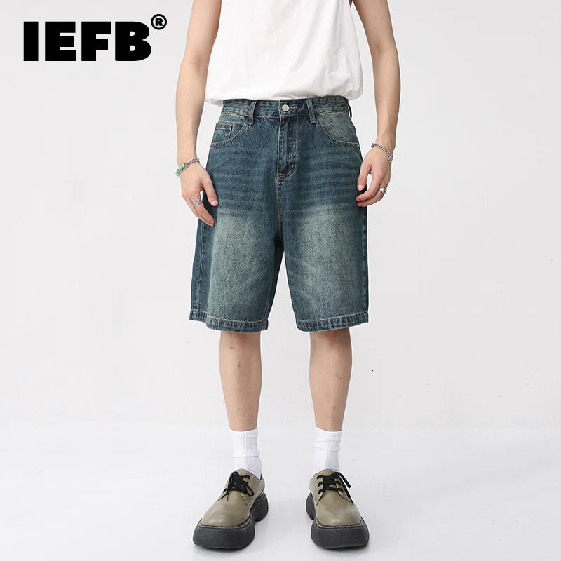 IEFB Summer Denim Shorts Mens Loose Korean Style Retro Short Jeans Fashion Washed Casual Knee Length Pant Streetwear 9A8588 240626