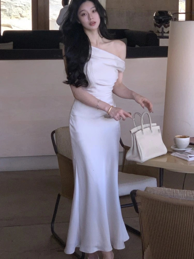 Elegant Bodycon Satin Long Dresses for Women Off Shoulder Solid French Mermaid Wedding Evening Party Dress Prom Robe Vestidos 240627