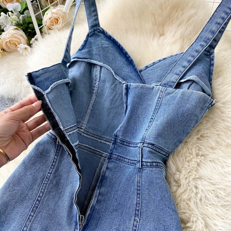 Summer Women Denim Dresses Sleeveless V-Neck Strap Jean Slim Fit Slit Long Dress S-5XL Plus Size Elegant Female Party Frock 240629