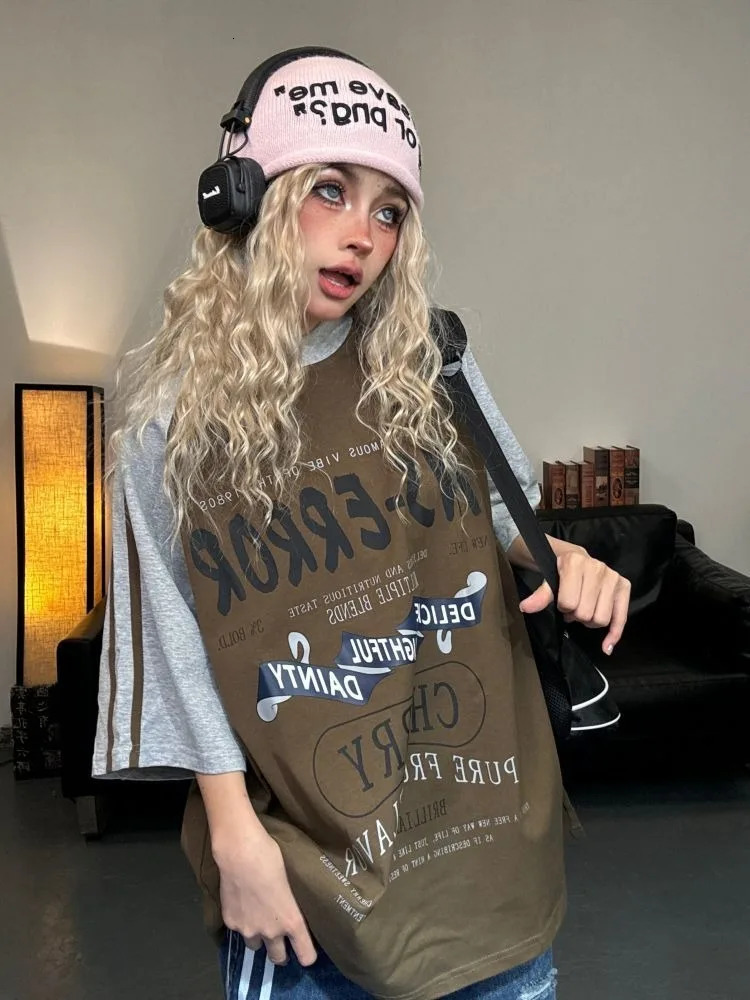 ADAgirl Sport Stripe Oversized T Shirt Women Letter Print Patchwork Raglan Sleeve Tops American Retro Harajuku Clothing Summer 240629