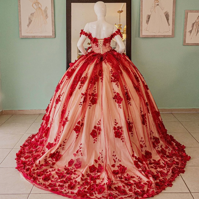 Mexican Red Vestido De 15 Anos Quinceanera Dresses Appliques wer Beads Crystal Tull Corset Sweet 16 Dress Abiti Da Cerimonia