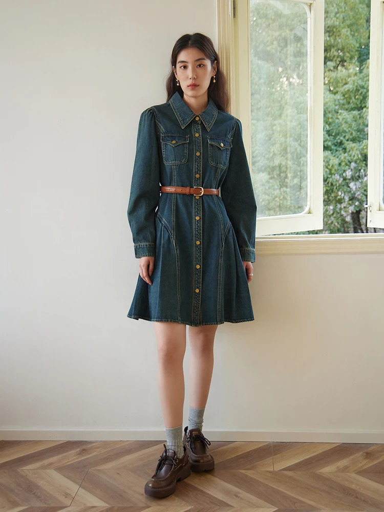 DUSHU Straightforward Fashionable Retro Denim Dress for Women Versatile A-line Pleated Skirt for Spring Female Dress 24DS81090 240629