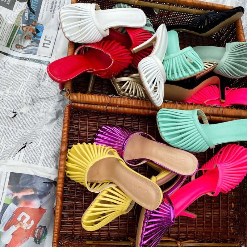 2024 Leather Mesh Hollow Sandals Square Head High 12Cm Thin Heel Fashion European American Outside Slippers 35-45