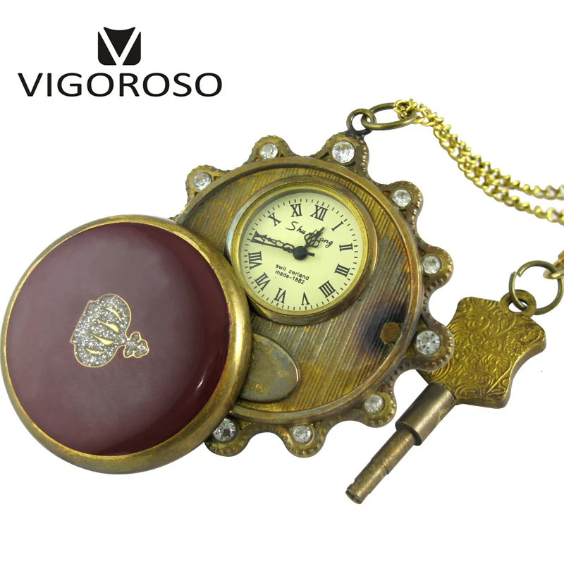 Imperial Antique Pure Copper Crown Diamond Hand Winding Up Mechanical Pocket Watch Retro Vintage Old Clock Mens Women Treasure 240626