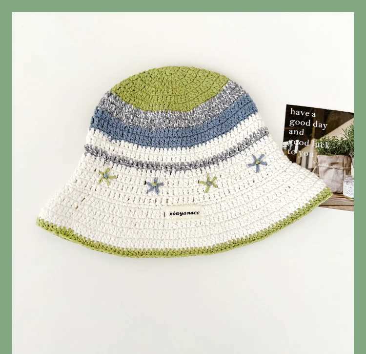 Wide Brim Hats Bucket Hats 2024 New Sweet Cute Flower Crochet Knitted Bucket Hat Women Spring Summer Casual Versatile Face Small Sunshade Basin Hat