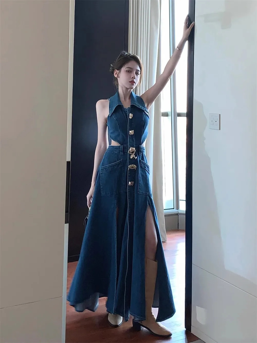 Vintage Lapel Denim Long Dress Womens Summer Ppenwork Split Dress A-line Premium Sense Midi Dress 240629