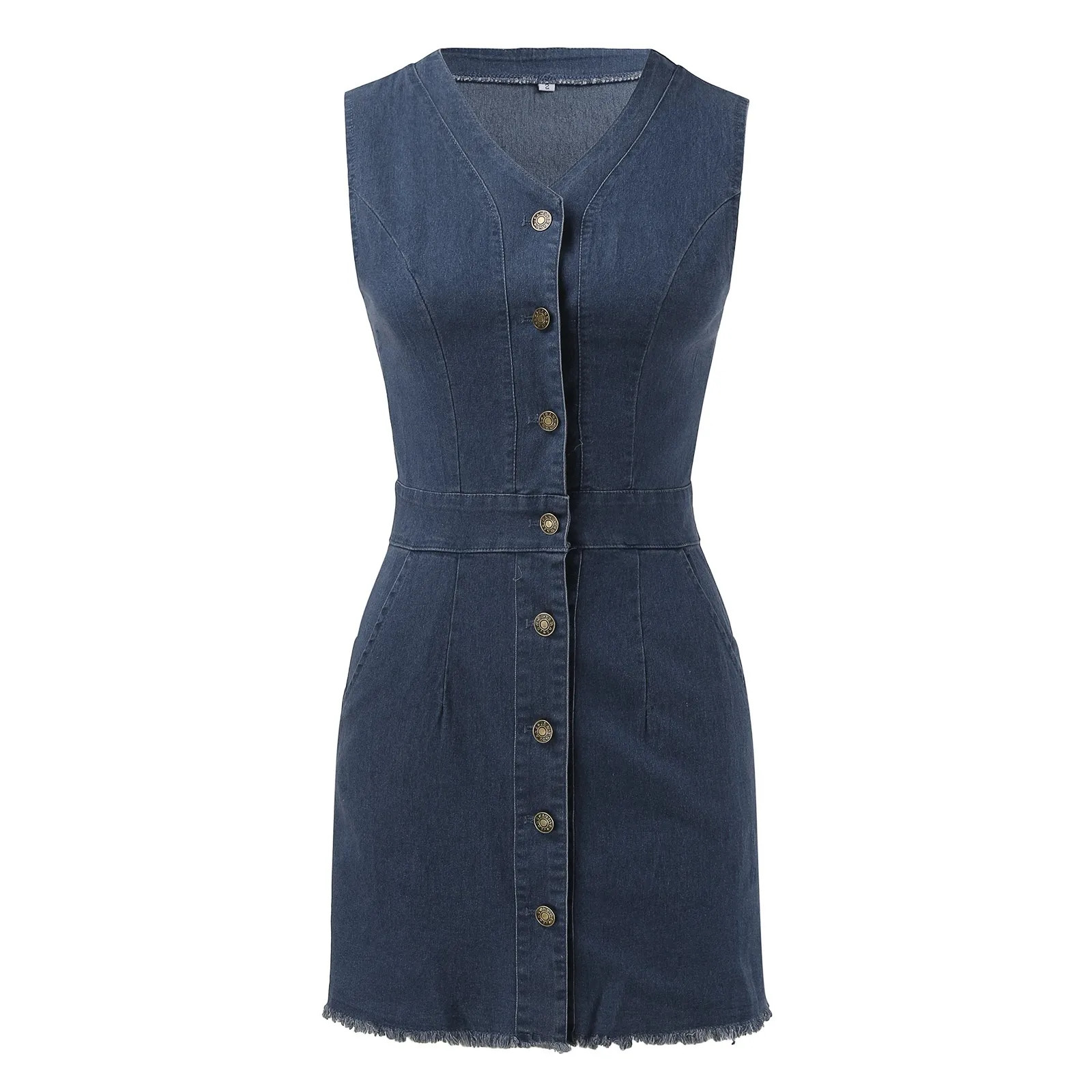 Denim Short Dress Womens Casual V Neck Sleeveless Jeans Dresses Button Down Midi Sundresses Loose Bodycon Bag Hip Dresse Robe 240629
