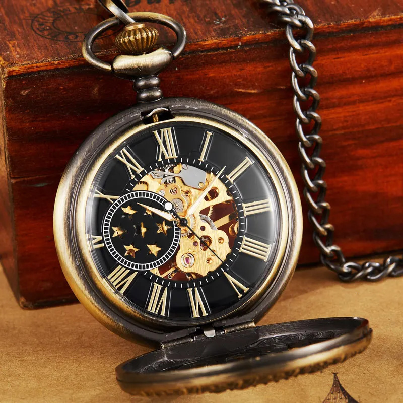 Retro Hollow Mechanical Pocket Watch With FOB Chain Gold Stars Skeleton Steampunk Vintage Mens Womens Hand Winding Pocket Watch 240626