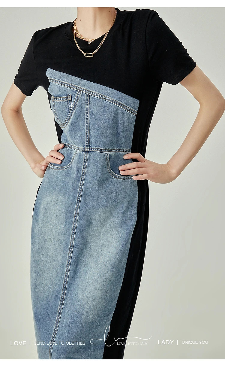 Summer Vintage Short Sleeve O-neck Patchwork Denim Mid Long Dresses Womens Causal Y2K High Waist High Street A-Line Dress 240629