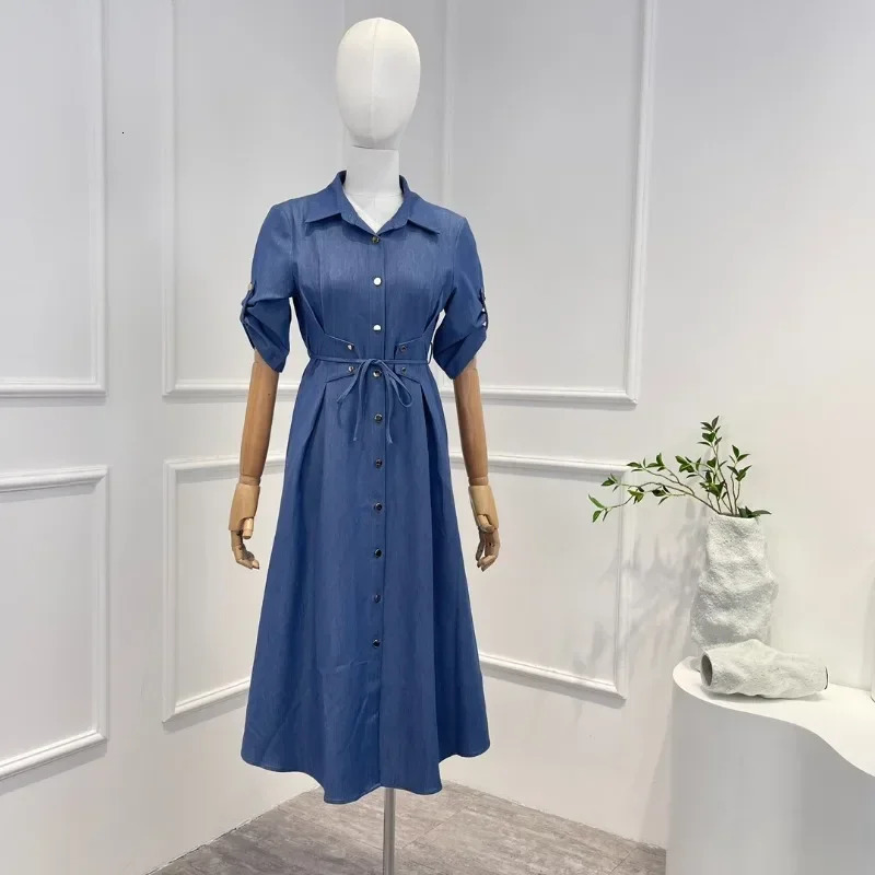 Summer Women Fashion Vintage Office Lady Dark Blue Black Solid Belt Turn-down Collar Midi Jean Dress Top Quality 240629