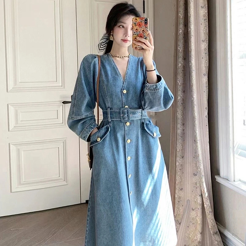 Vintage V-Neck Women Denim Dress Long Sleeve Loose A-Line Long Jean Dress French Style Elegant Female Vestidos 240629