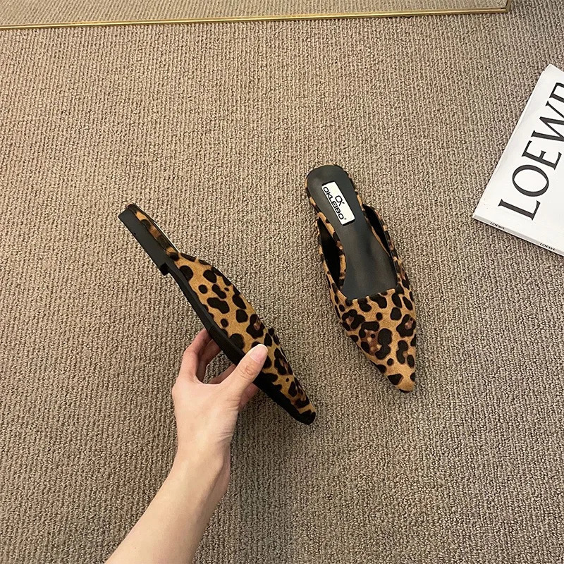 Pointed Toe Mules Fashion Leopard Print Women Slippers Casual Womens Shoes Women Low Heels Elegant Ladies Outdoor Slide 240629