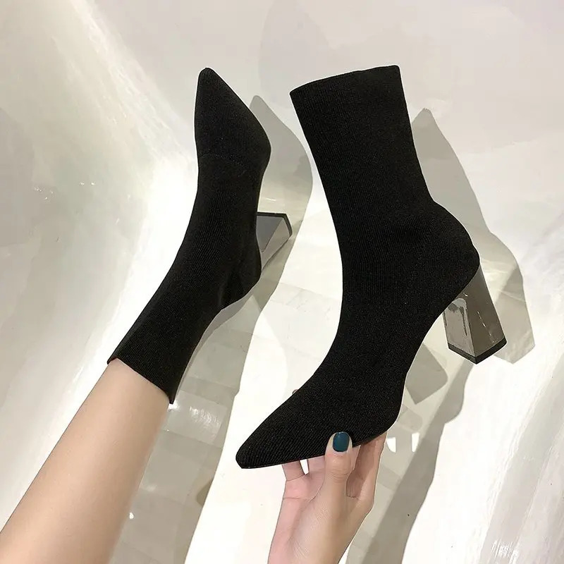 Pointed Elastic High Heel Socks Boots Womens Shoes Trends Fashion Knitted Breathable Slim Thick Heel Short Boot Black Sexy 240629