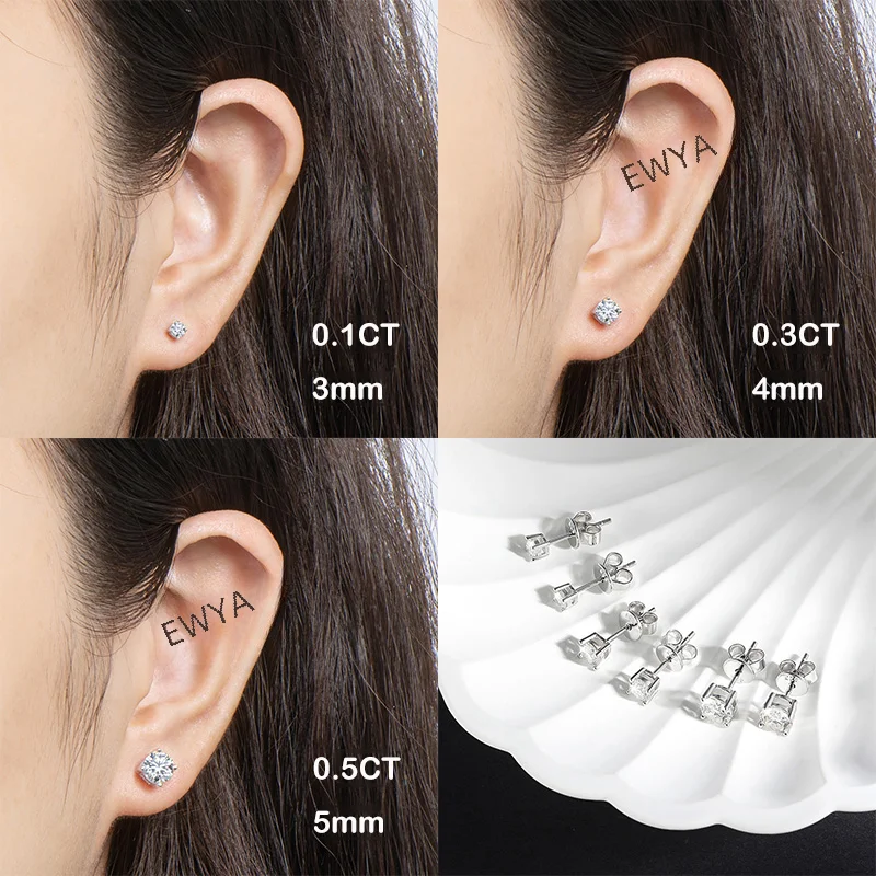 EWYA GRA Certified 0.1-3CT D Color Moissanite Stud Earrings For Women Party Wedding 4 Prong S925 Silver Earring Ear Studs Gift