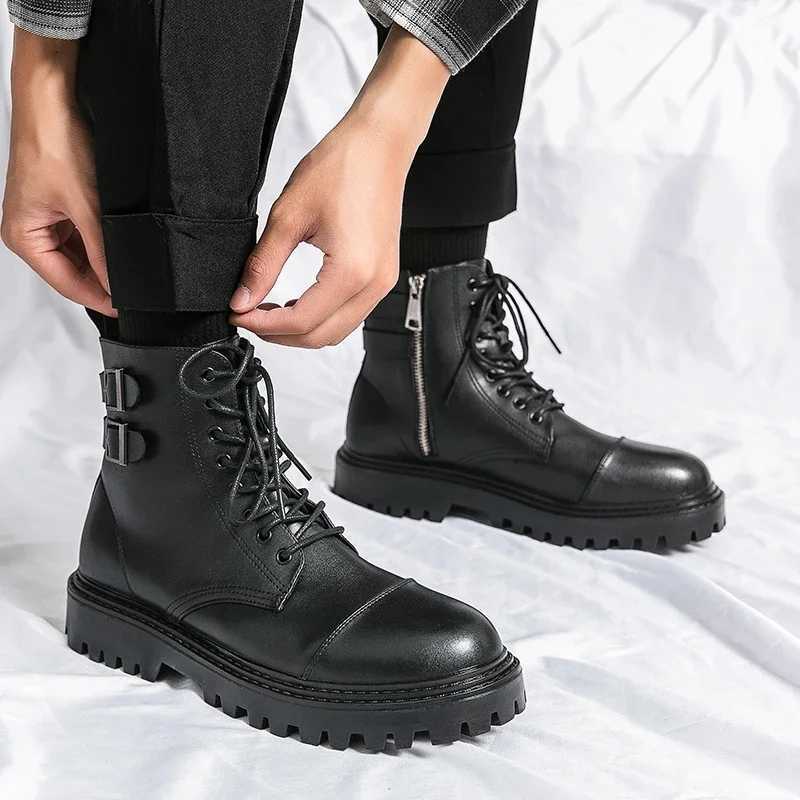 Boots Mens Boots 2023 Winter New Martin Short Boots Mid Barrel Round Head High Top Leather Boots Mens Shoes XW6.5