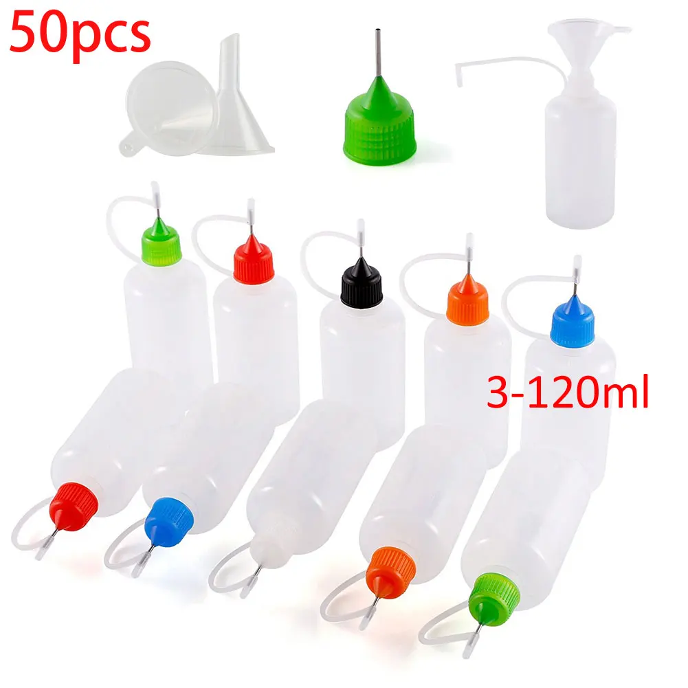 50 Packs x 5ml-120ml Dropper Bottles Needle Tip Empty LDPE Squeeze Dropper Juice Eye E Liquid Containers + Mini Funnel