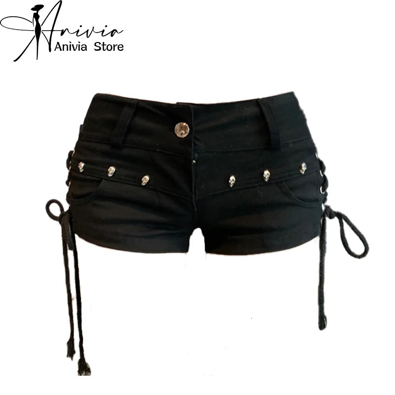 Womens Black Gothic Denim Shorts Streetwear Y2k Lace-up Cowboy Mini Pants Harajuku Vintage Low Waist Jeans Shorts 2000s Clothes 240629