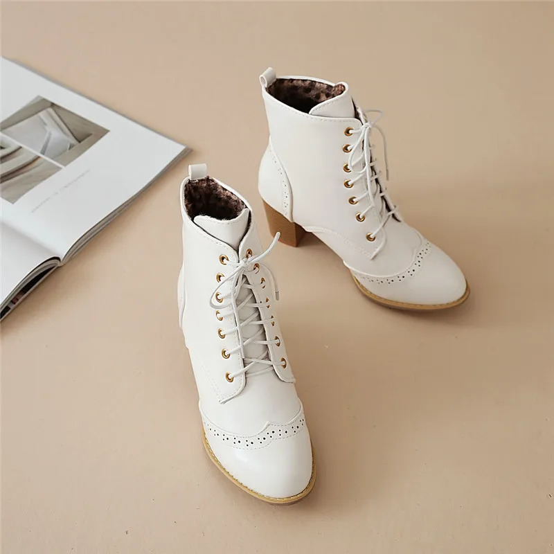 YMECHIC Fashion Brogue Carved Brown Balck White Lace Up High Heel Combat Biker Ankle Boots for Women Booties Woman Shoes 43 240629