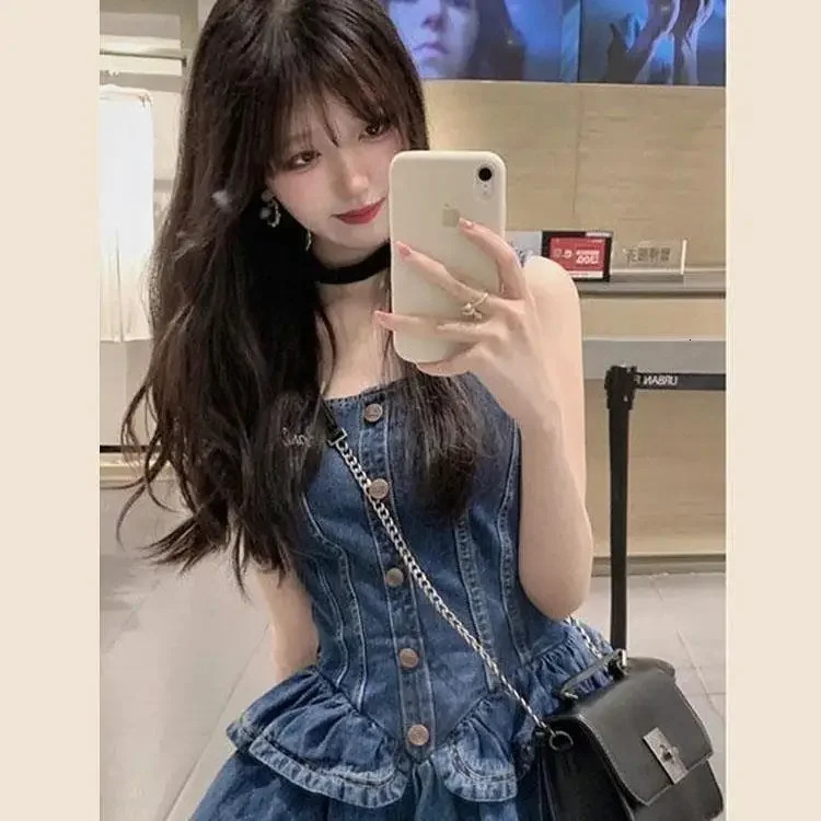 Summer French Strap Jeans Dress Women Robe Slim Waist Princess Pomped Dress Slash Neck Dress Denim Clothing 240629