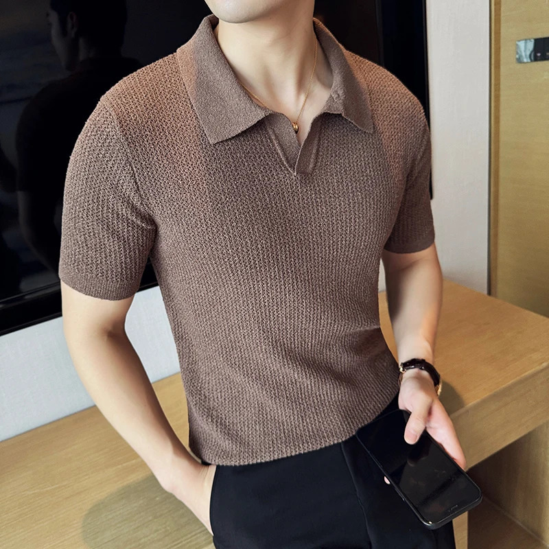 Summer Hollow Knitted Short Sleeved Polo shirt Mens Elasticity Mesh Casual T Shirt Male V Neck Slim Fit Breathable Polo Shirt 240629