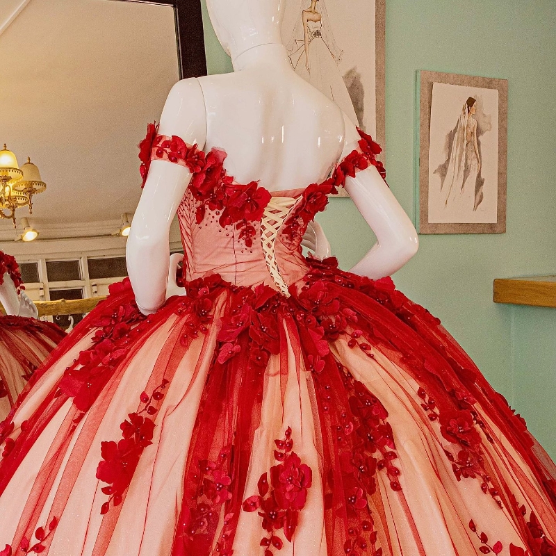Mexican Red Vestido De 15 Anos Quinceanera Dresses Appliques wer Beads Crystal Tull Corset Sweet 16 Dress Abiti Da Cerimonia