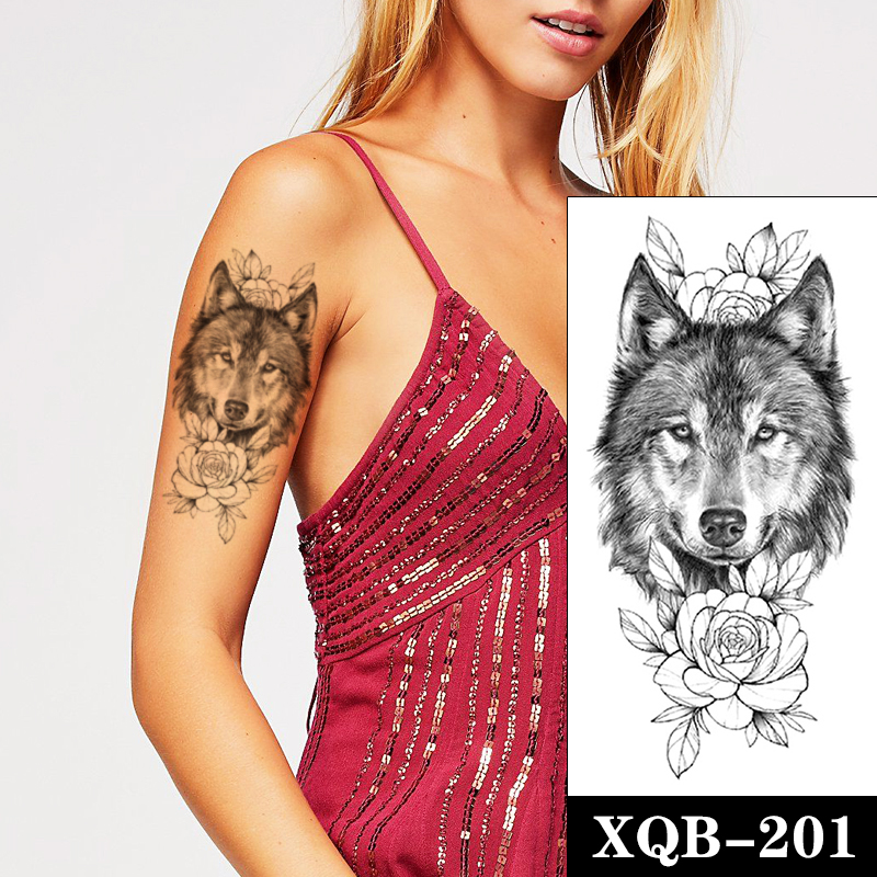 Black Wolf Totem Waterproof Temporary Tattoo Sticker Sketch Flowers Leaves Fake Tattoos Flash Tatoos Arm Body Art for Women Men