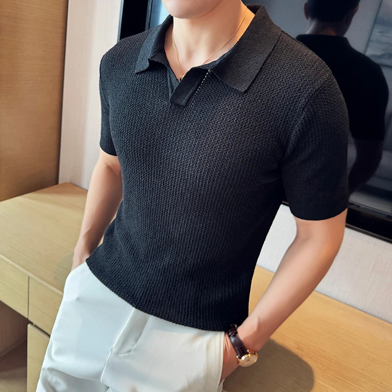 Summer Hollow Knitted Short Sleeved Polo shirt Mens Elasticity Mesh Casual T Shirt Male V Neck Slim Fit Breathable Polo Shirt 240629