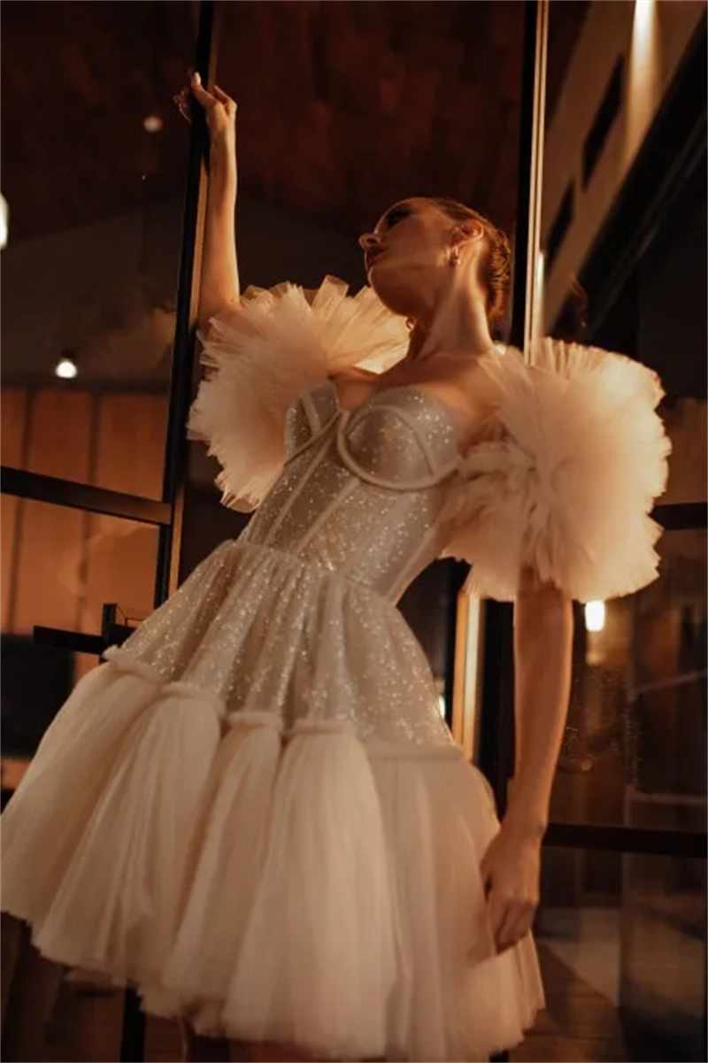 Shiny Sweetheart Pleated Tulle Short Prom Dresses for Women A-line Ruffy Party Evening Gown Lace up Detachable Sleeves Mini Sequined Cocktail Dress 20