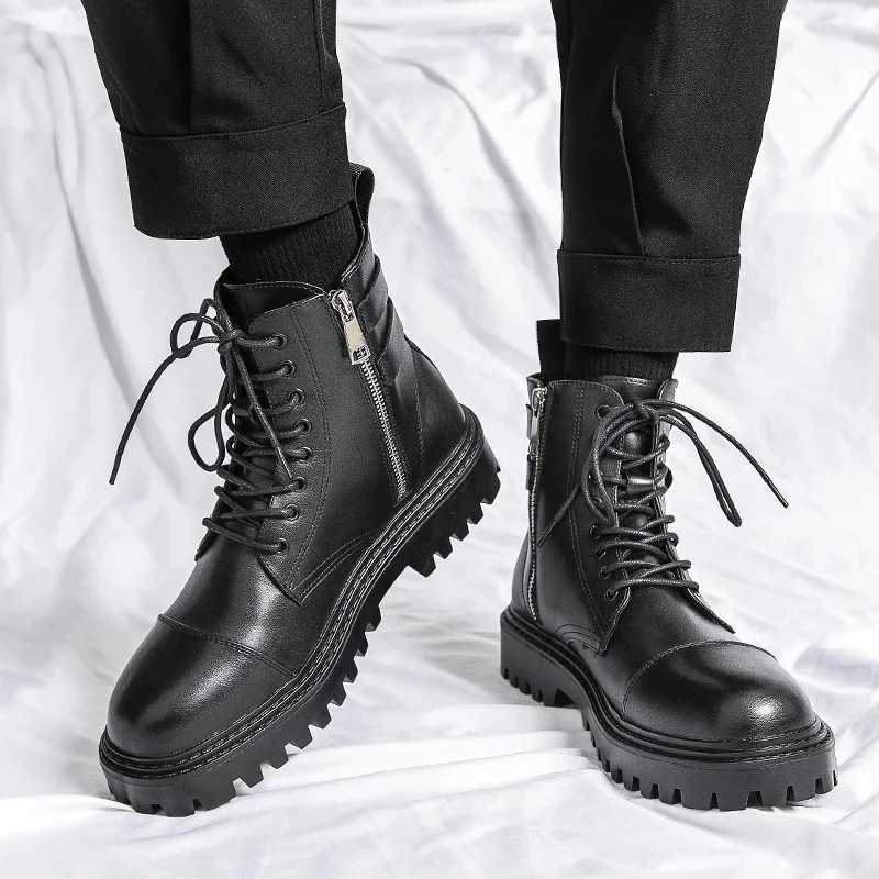 Boots Mens Boots 2023 Winter New Martin Short Boots Mid Barrel Round Head High Top Leather Boots Mens Shoes XW6.5