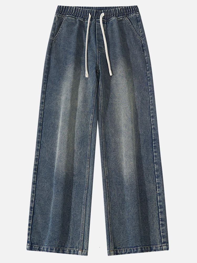 Spring High Street Men Loose Elastic Waist Baggy Straight Jeans Streetwear Y2K Vintage Fashion Wideleg Denim Pants 240619