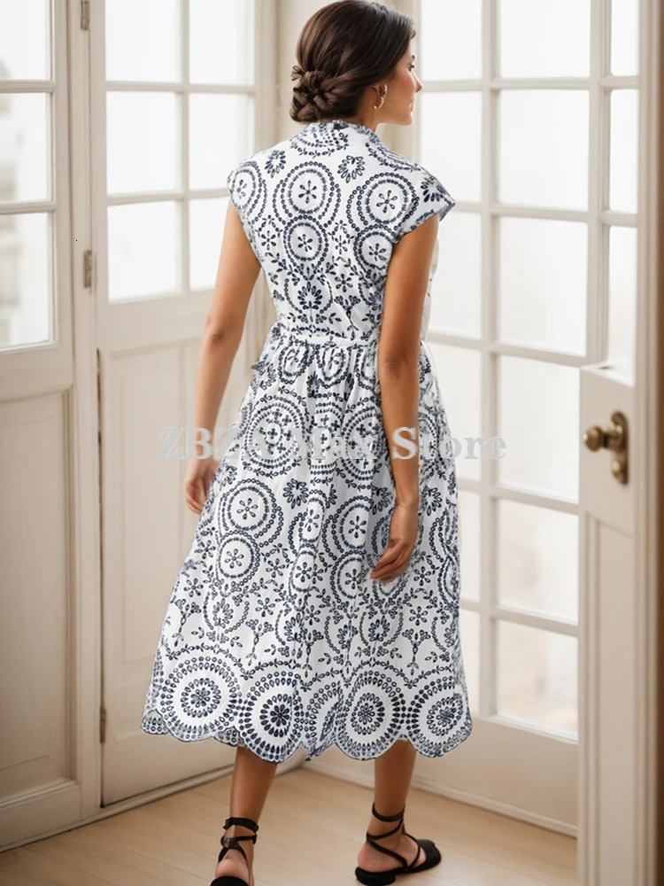 ZBZA Womens Contrast Embroidered Printed Dress Vneck Adjustable Belt Single Breasted Aline Skirt Summer Female Chic 240627
