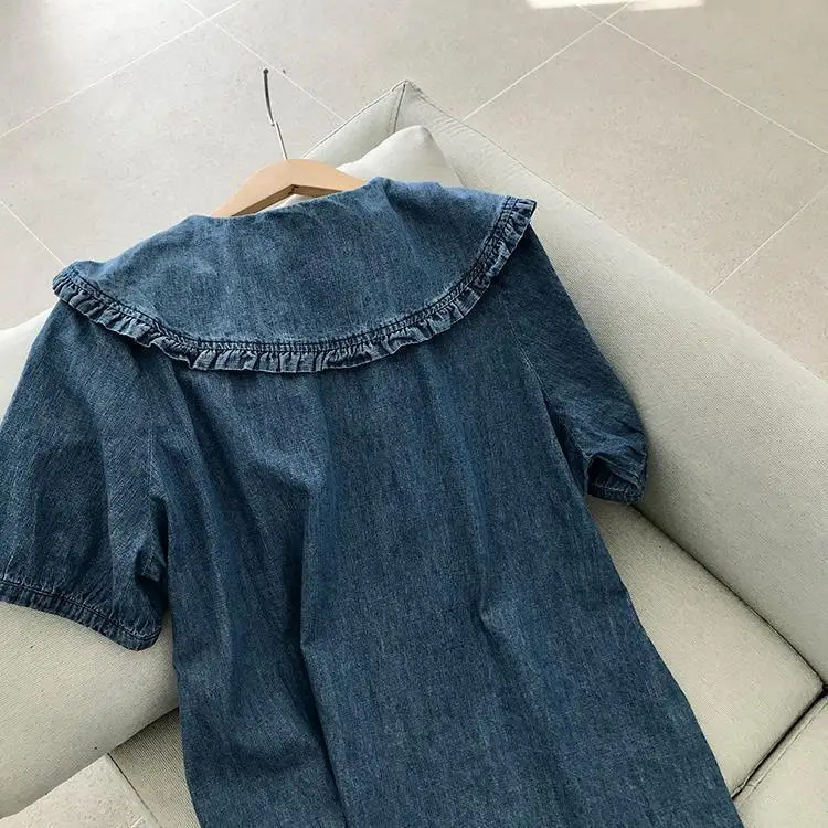 Korean Style Summer Doll Collar Denim Dress Short Sleeves Loose Cute Midi Dress 240629
