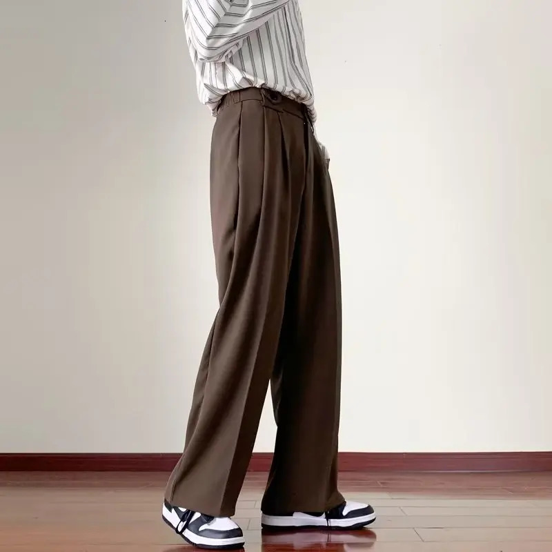 Brown Black Suit Pants Men Fashion Social Mens Dress Korean Loose Straight Wide Leg Office Formal Trousers 240625