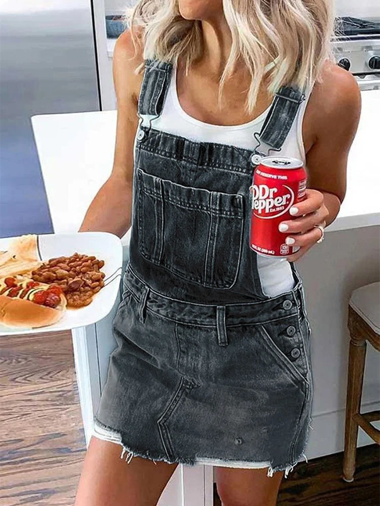 Womens Frayed Hem Adjustable Strap Denim Overall Dress Classic Casual Mini Jean Dresses Pocket Sleeveless Suspender Short Skirt 240629
