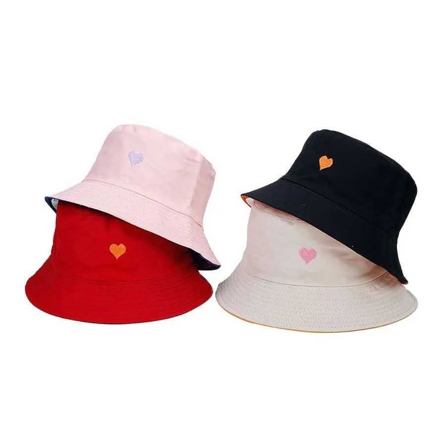 Wide Brim Hats Bucket Hats 2023 Bucket-Hats Heart Embroidery Solid Color Men Women Fisherman Hat Fashion Bob Panama Hat Reversible Fishing Beach Cap