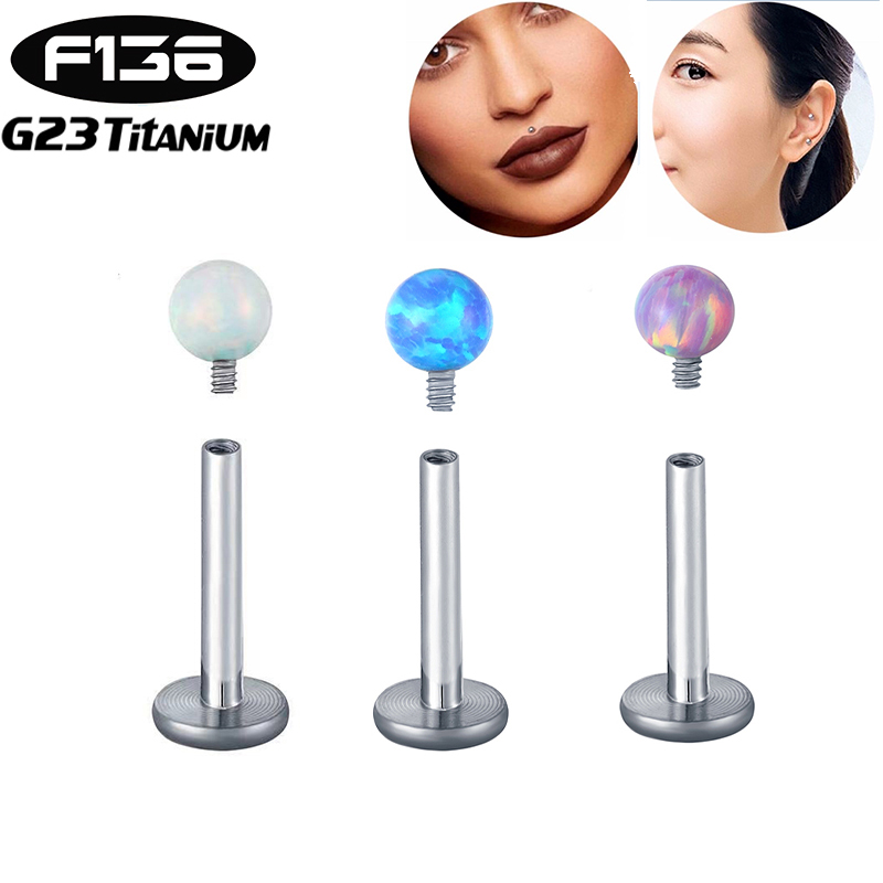 1PC G23 Titanium Piercing Lip Ear Studs Hoop Opal Ball Internal Thread Helix Conch Tragus Stud Earring Labret Lobe PIERC Jewelry