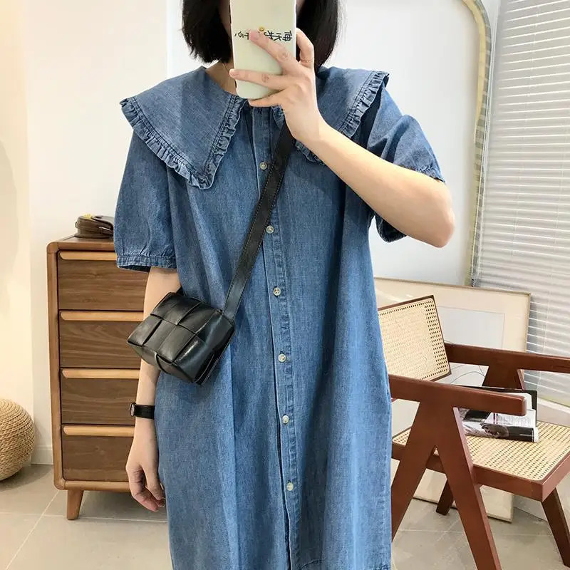 Korean Style Summer Doll Collar Denim Dress Short Sleeves Loose Cute Midi Dress 240629