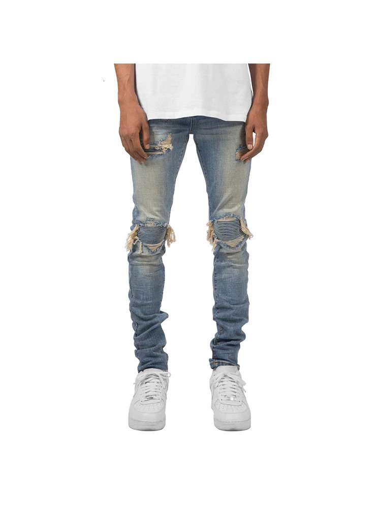 High Street Ripped Knee Distressed Mens Jeans Fashion Men Biker Stretch Skinny 240619