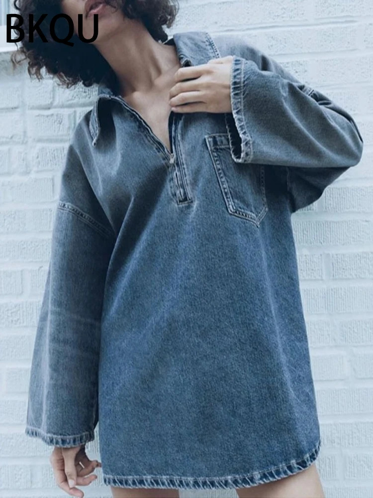 BKQU Mini Dress Women A-Line Denim Dresses Casual All-match Lapel Long Sleeve Zip Loose Female Streetwear Cowboy Dress 240629