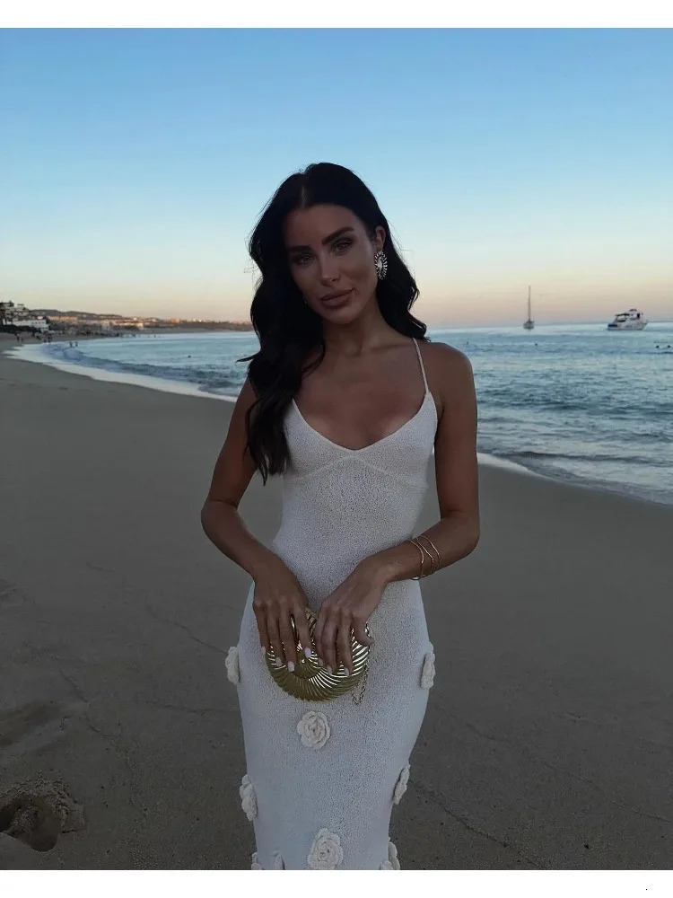 Womens Knitted Embroidered Dress Cute and Sexy Long Skirt for Girls Beach Vacation Females Slim Fitting 240627