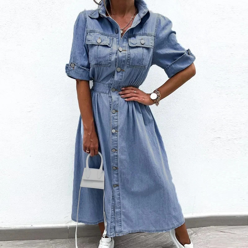 High Street Office Denim Dresses Chic Summer Short Sleeve Women Elastic Waist Long Dress Elegant Lapel Button Jeans Dress 240629