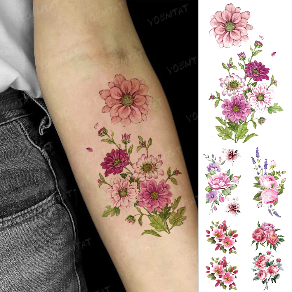 Transfer Waterproof Temporary Tattoo Stickers Lotus Sunflower Rose Plant Watercolor Flash Tatto Realistic 3D Tattoos Women Men